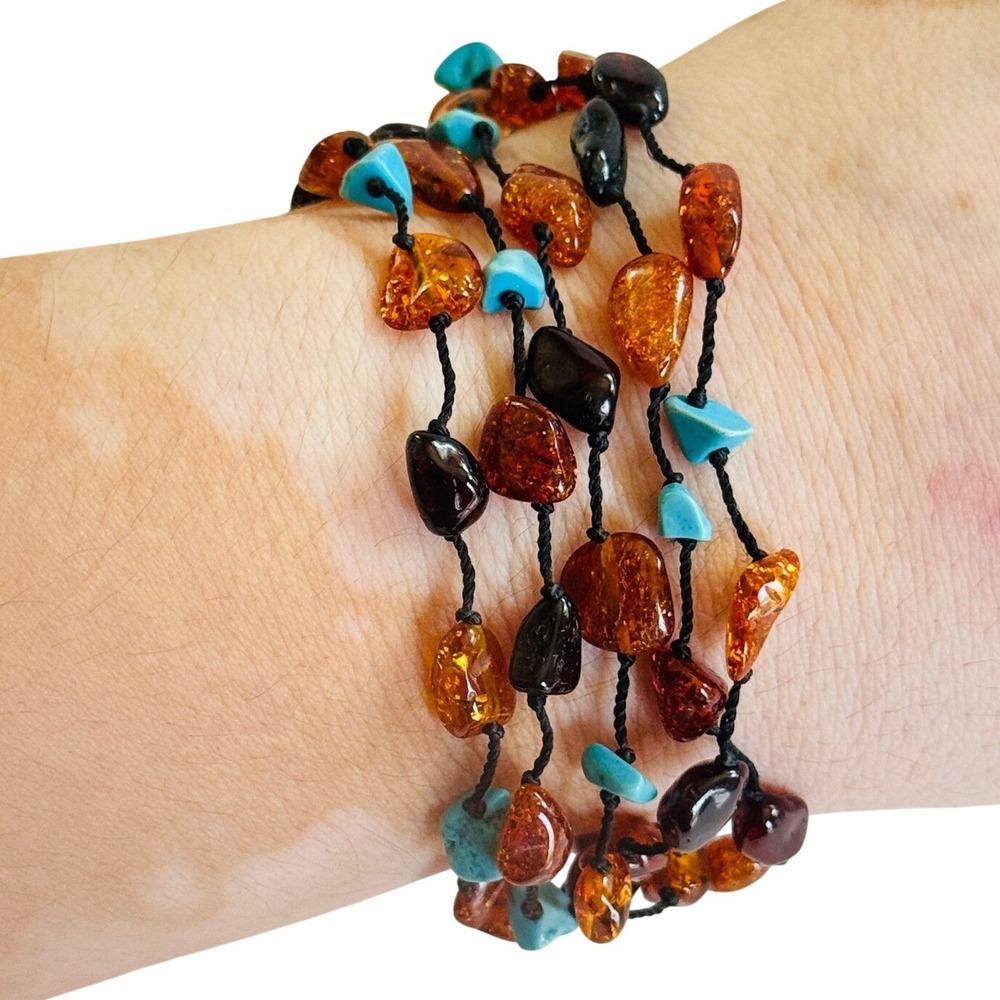 Baltic Amber‎ Turquoise Bracelet multi strand BOHO Genuine Natural Beads 6.5"L
